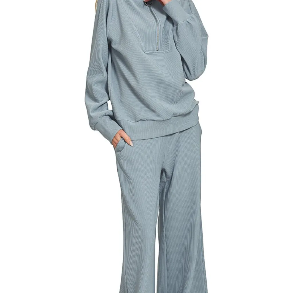 Zenana Ribbed High Neck Half Zip Pullover & Pants Set - Image 3