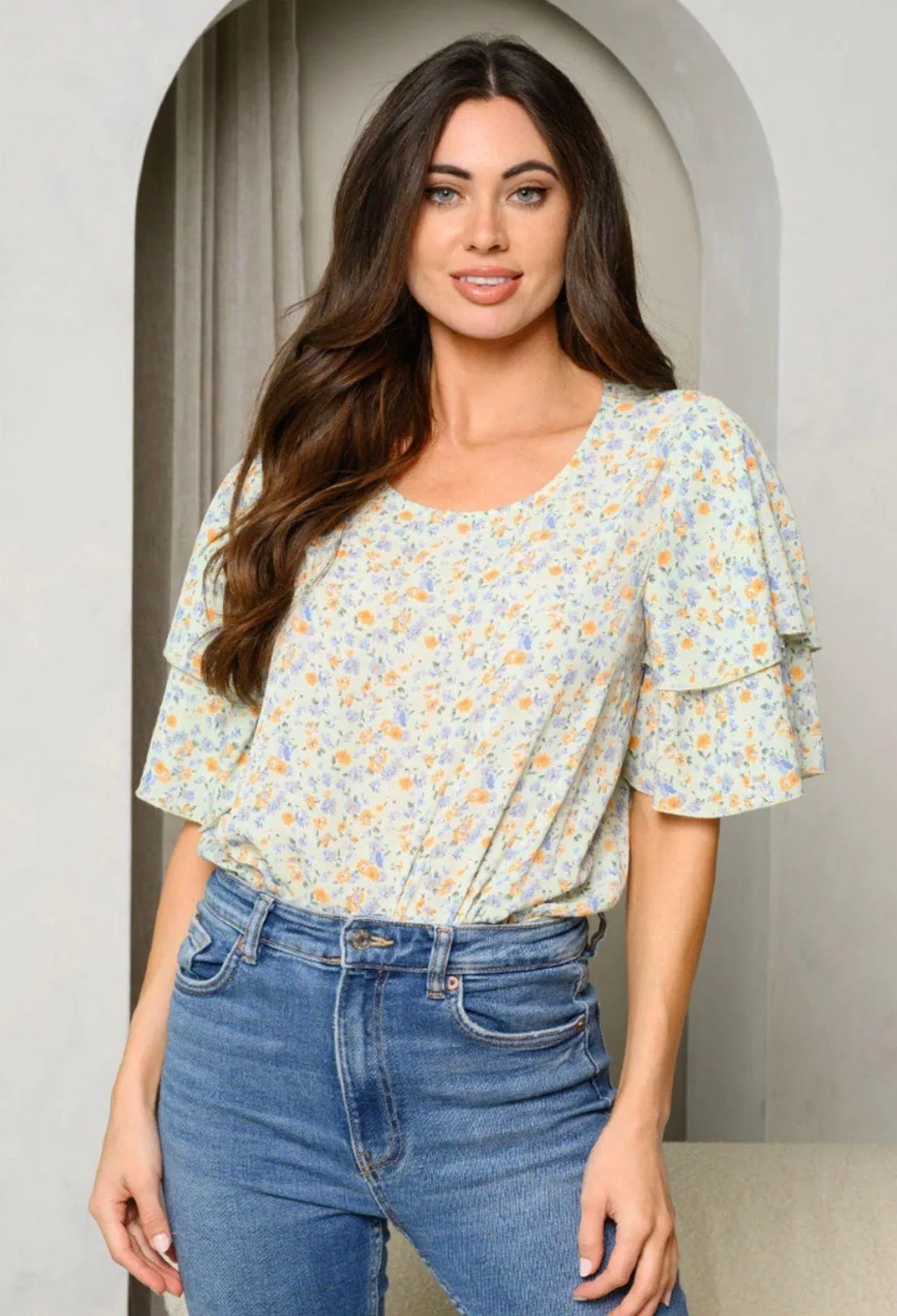 Heyson Ruffle Sleeve Scoop Neck Floral Bodysuit in Sage NWT - Image 2