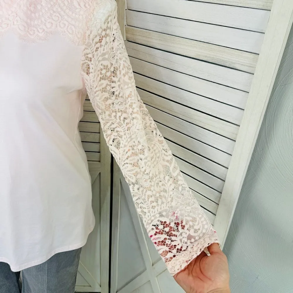 Bedford Fair Lace Sleeve Mock Neck Shirt Pink Large Tee Coquette Victorian Soft‎ - Image 6