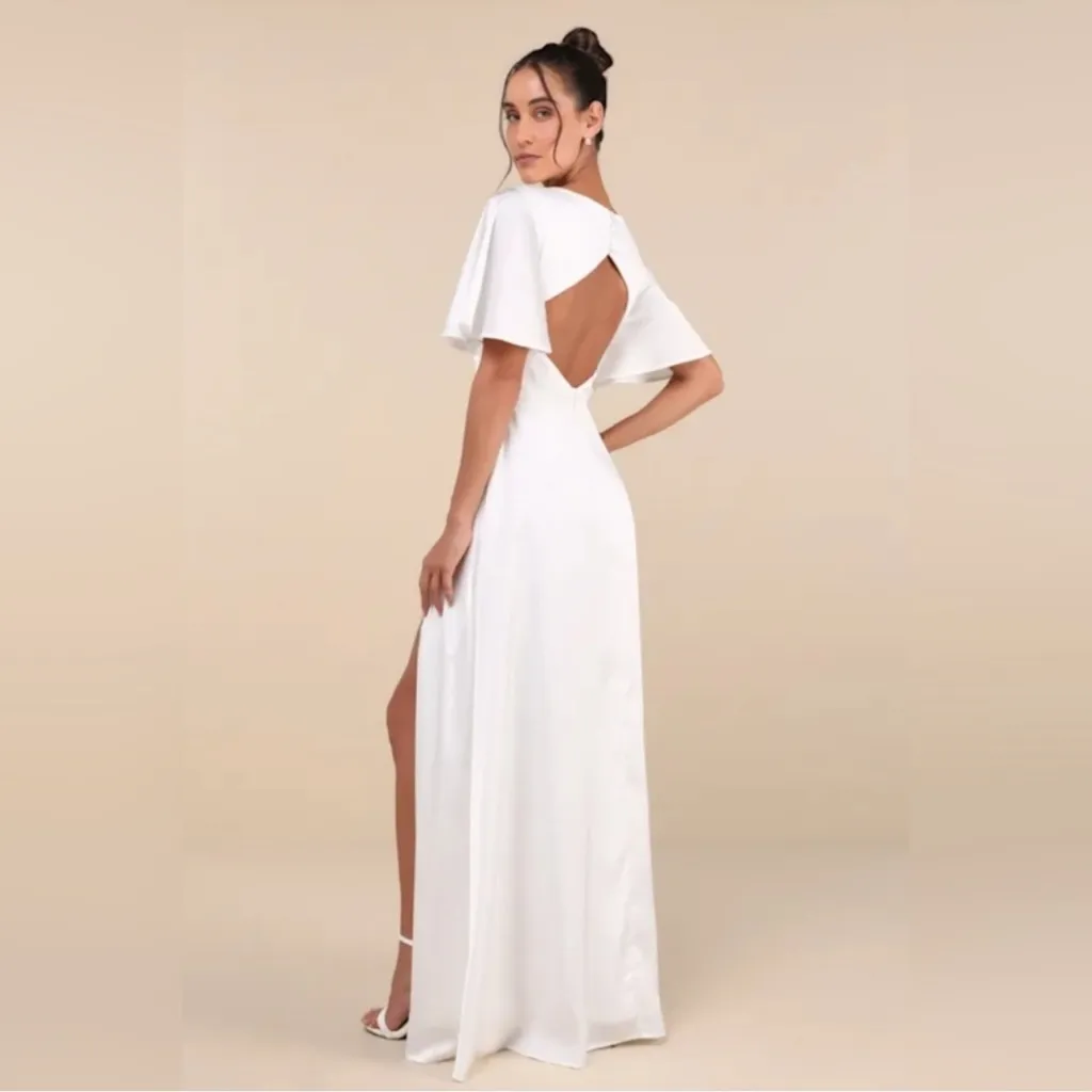 Lulus Elegant Confidence NWT Medium White Satin Flutter Sleeve Cutout Maxi Dress - Image 2