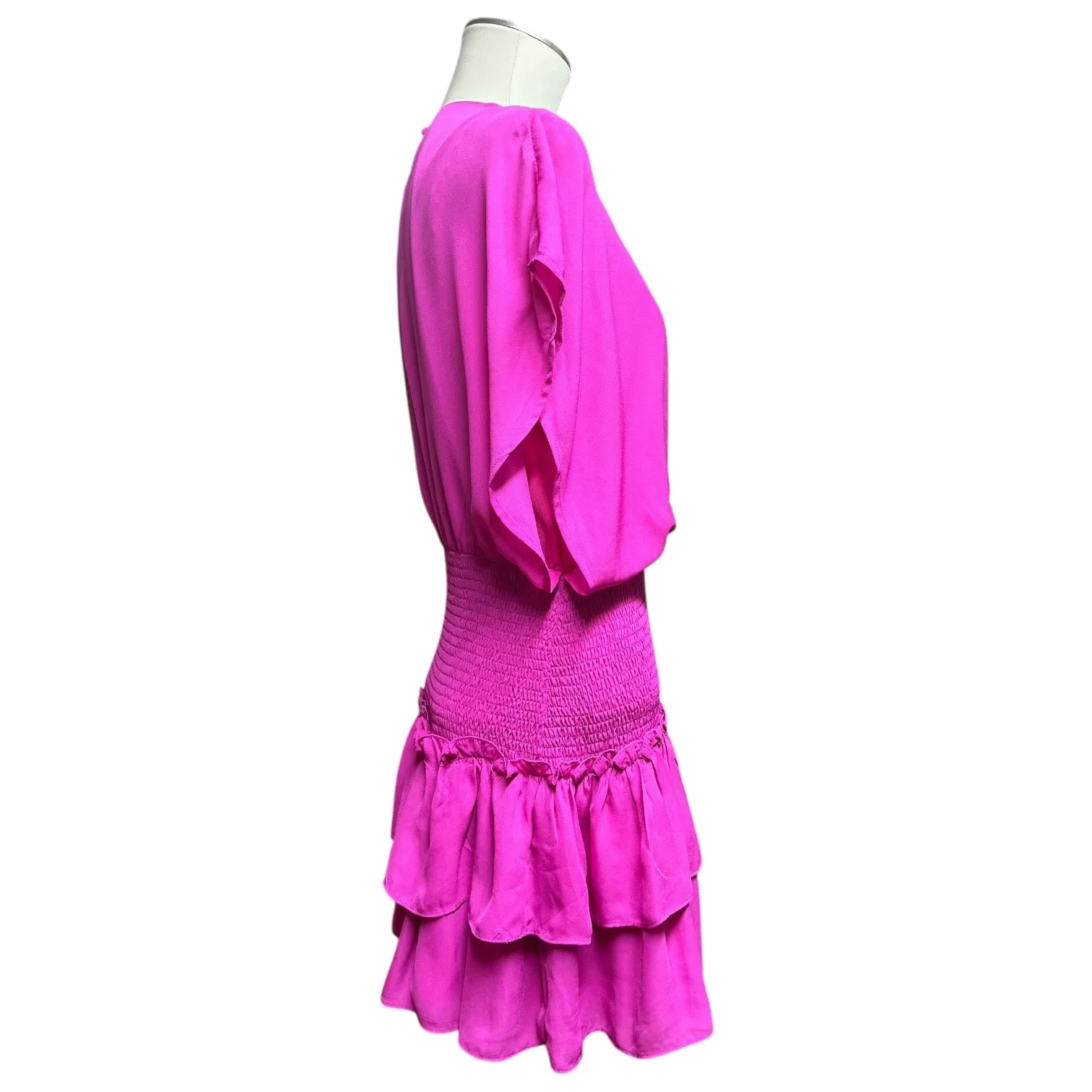 The Impeccable Pig Wrap Top Shirred Waist Tiered Ruffle Mini Dress Pink Large - Image 4