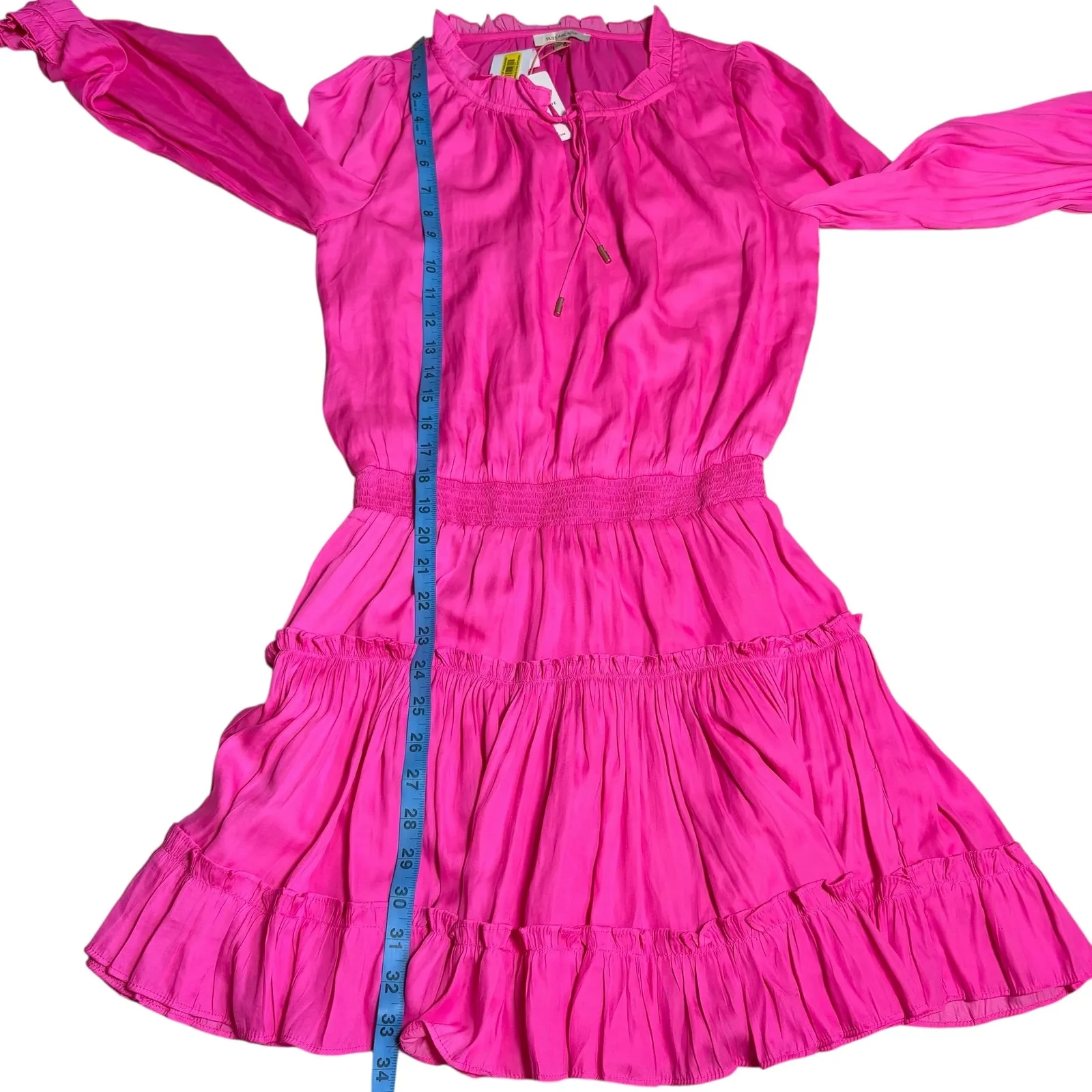 Skies Are Blue NWT Pink Ruffle Neck Tie Long Sleeve Smocked Tiered‎ Dress XS - Image 5