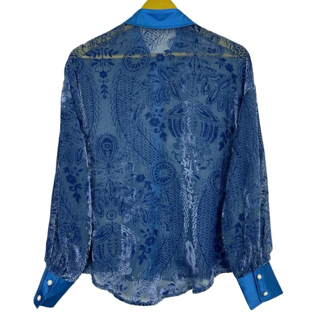 Y2K Meritt Velvet Burnout Satin Button Up Top Small Paisley Blue Long Sleeve VTG - Image 3
