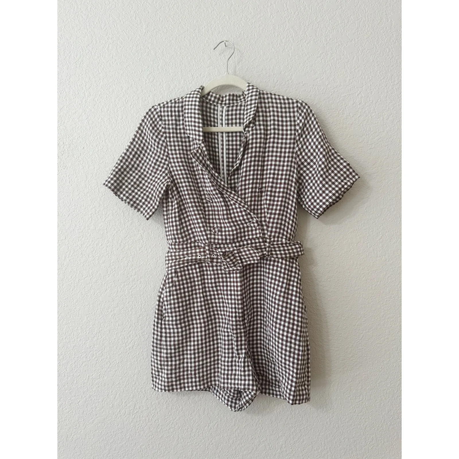 & Other Stories & Other Stories Brown Gingham Short Sleeve Belted Romper Size 6 - Image 2