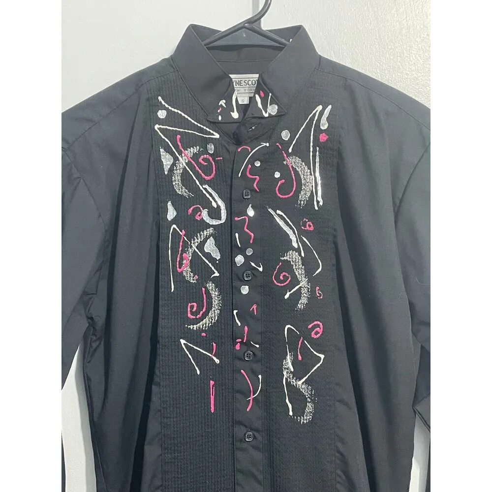Vintage Wayne Scott Tuxedo Shirt Small Black Handpainted Abstract 80s Glam - Image 2