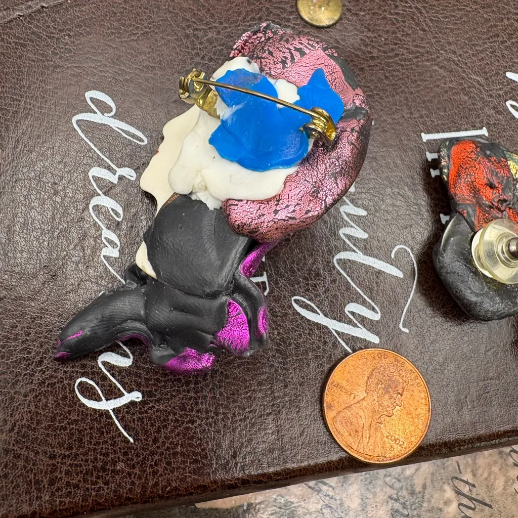 Vintage Lady Face Brooch & Earrings Set | Hand Painted Statement Jewelry Purple - Image 5