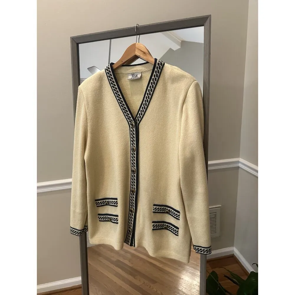 Mita Cream Beige Acrylic Blend Knit Cardigan Sweater Jacket 16 Petite Black Size M - Image 2