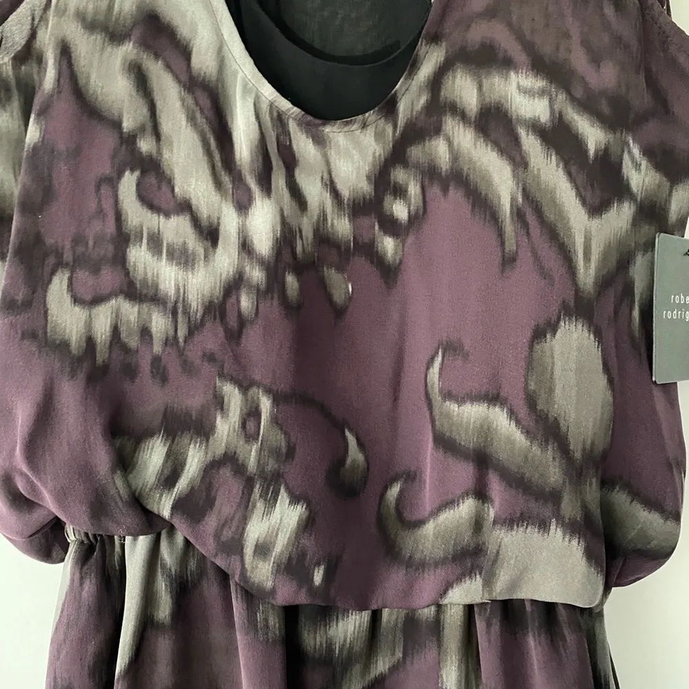 Scoop Neck Silk Shift Dress Multi Color Graphic Print Lace Trim - Image 8