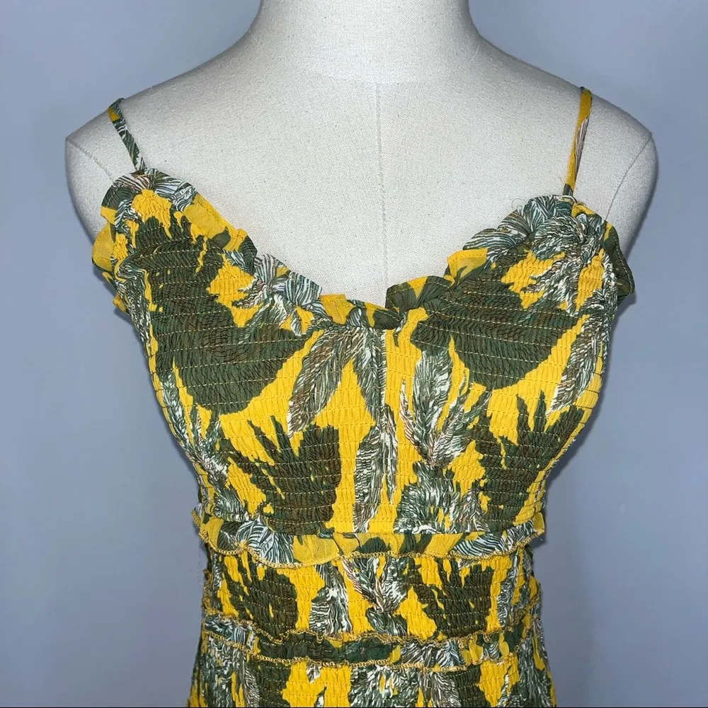 Yellow Green Palm Smocked Tiered Ruffle Short Mini Dress Medium NWT - Image 5