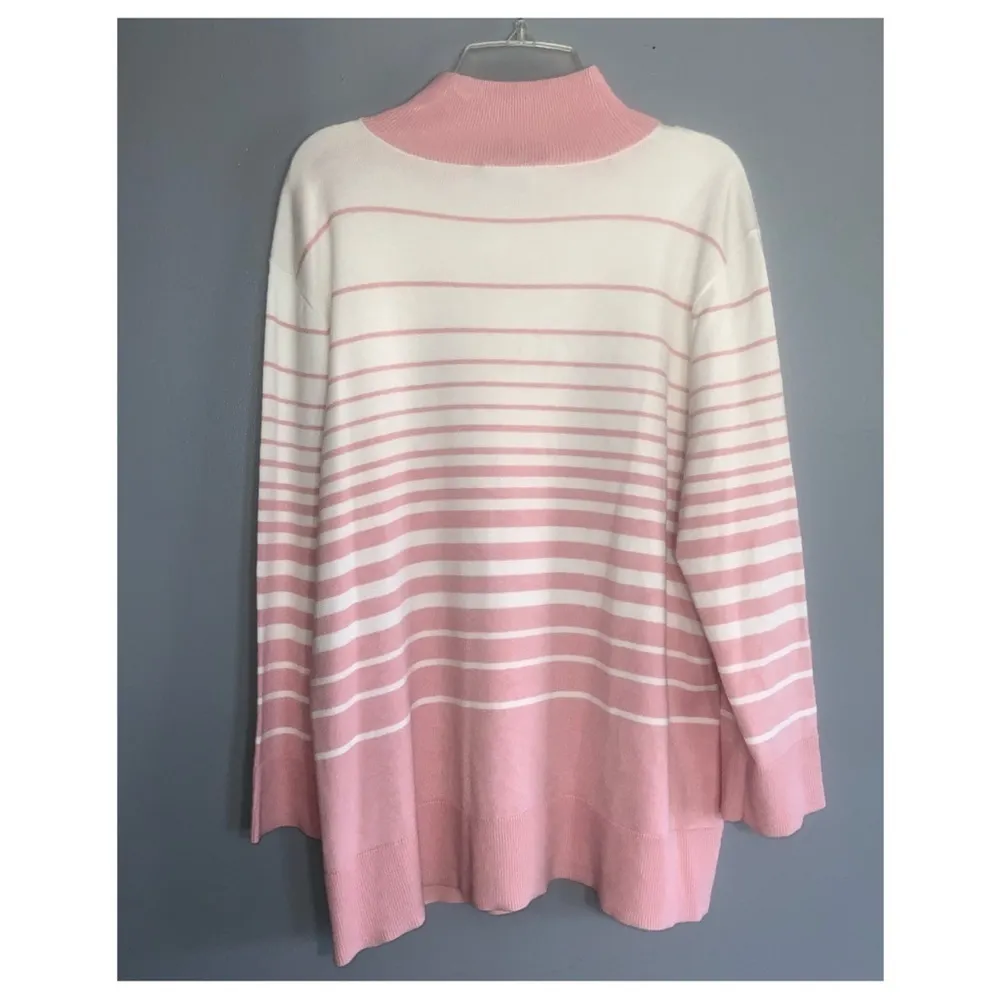 Investments Pink & White Striped Mock Neck Pearl Button Shoulder Knit Top Lg - Image 8