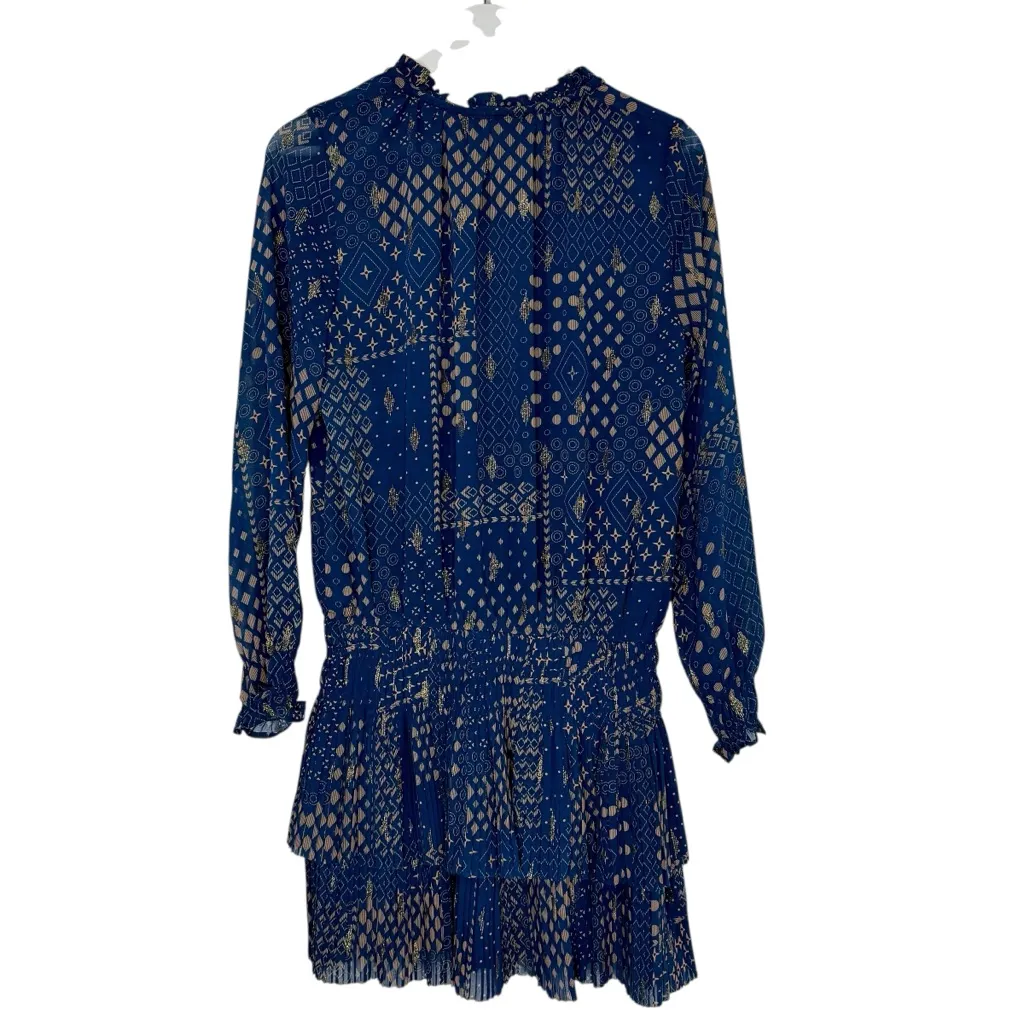 Current Air Aurelie Pleated Smocked Waist Mini Dress Rare Navy Gold Metallic S - Image 6