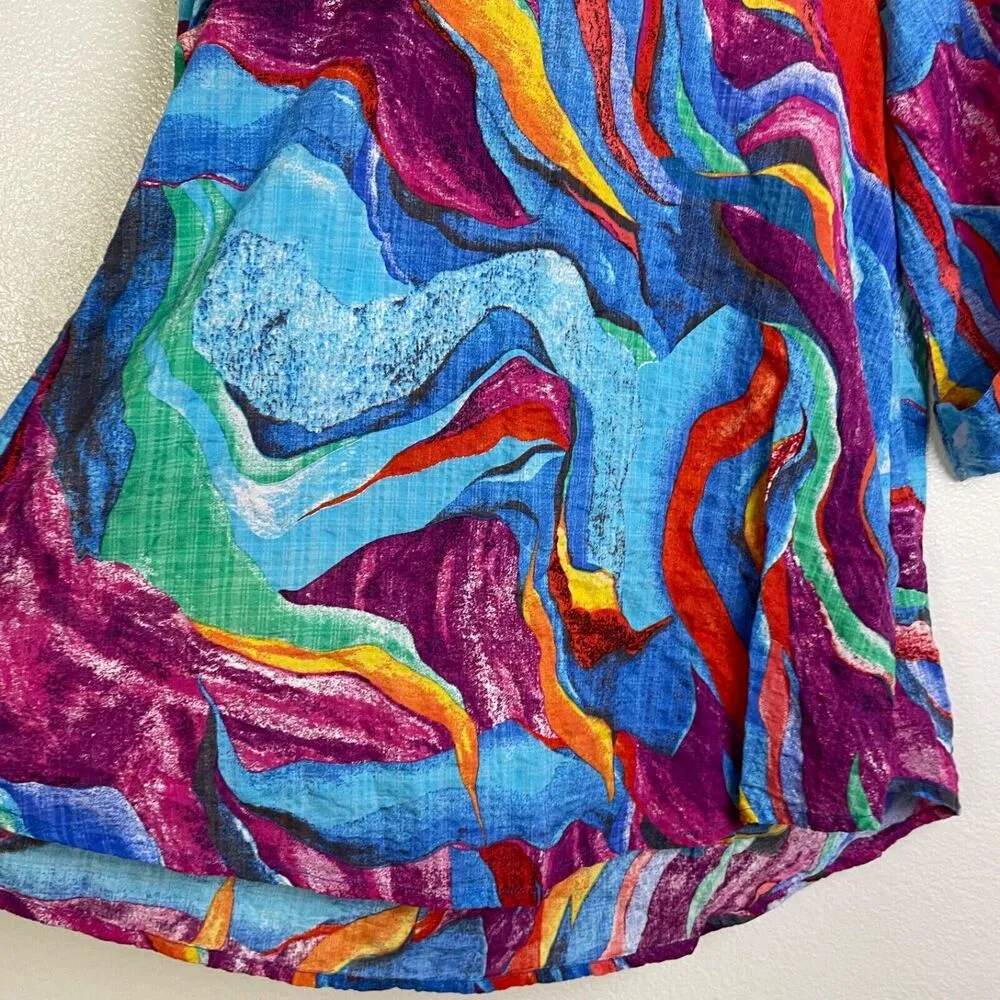 Yushi Blue Tunic Top Womens Small Abstract Multicolor Art to Wear Colorful Fun Purple Size M - Image 4