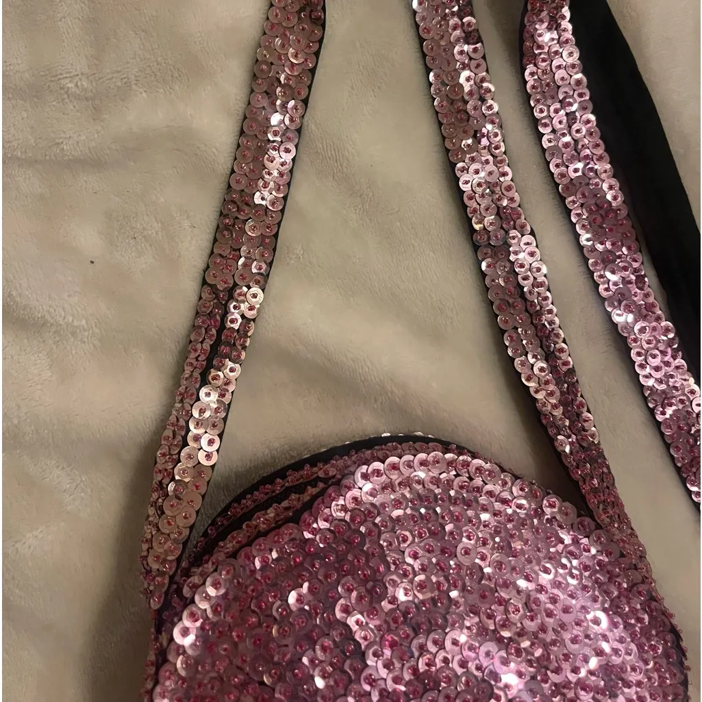 Vintage Round Pink Sequin Zippered Purse Pillbox look 6" dia Made in Indonesia - Image 3