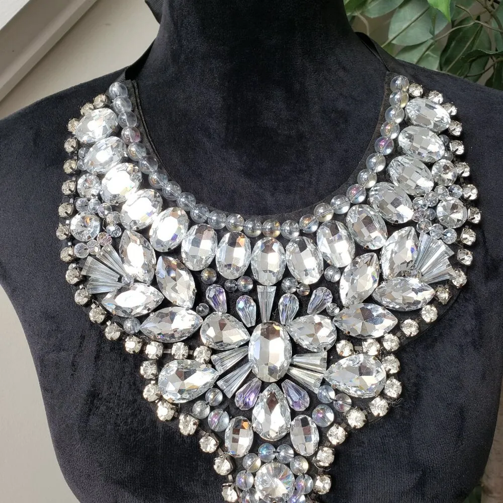 Womens White Big & Bold Crystal Statement Collar Necklace with Ribbon Knot Clasp - Image 2