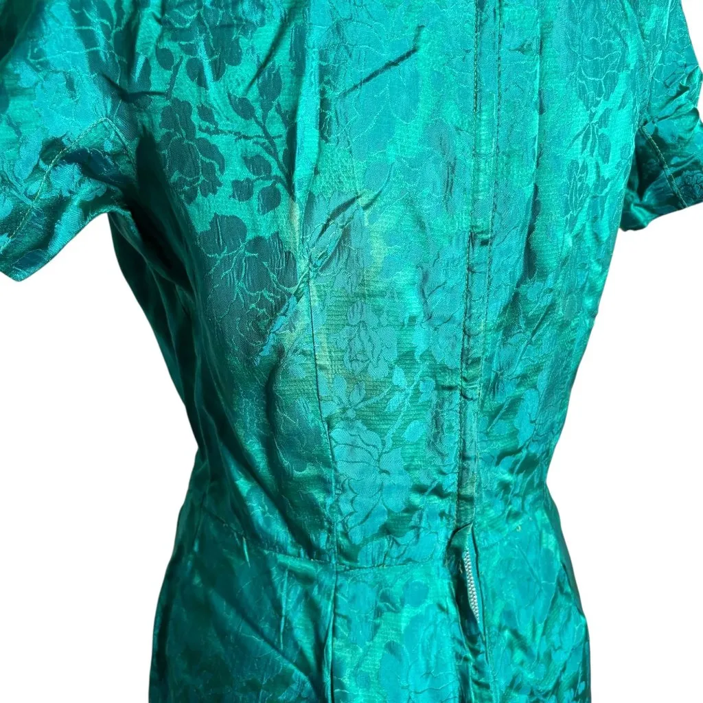 Vintage 50s Floral Brocade Dress Jacket Set Size Small Green Short Sleeve Zipper - Image 8