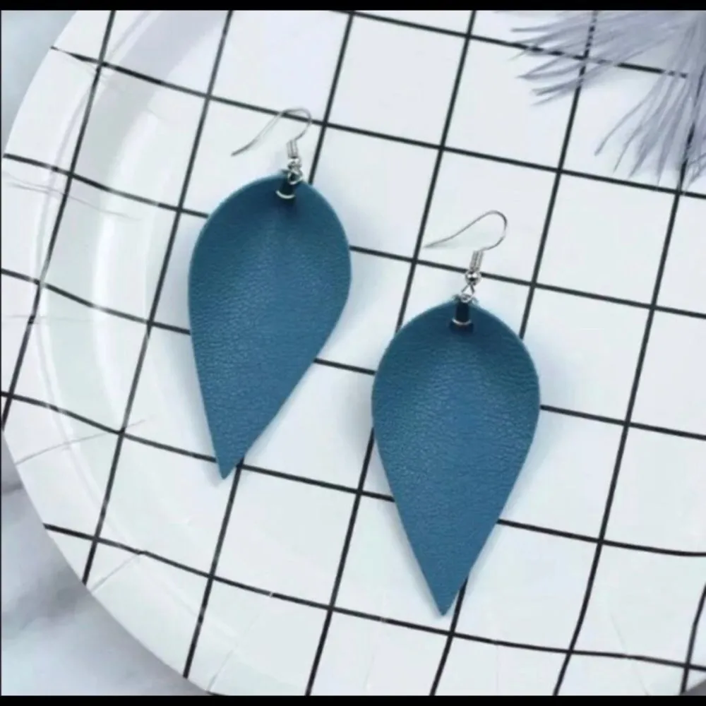 Teal Blue Leather Leaf Drop Earrings Blue - Image 2