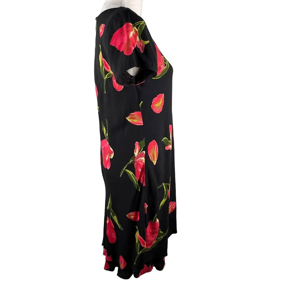 Vintage Hampton Dress Co Dress 8 Midi Black Red Tulips - Image 6