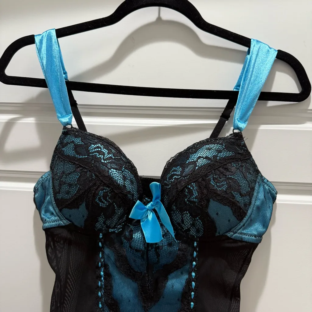 Icollection Black and Blue Lace Bow Lingerie Dress Intimate Seductive Medium - Image 2