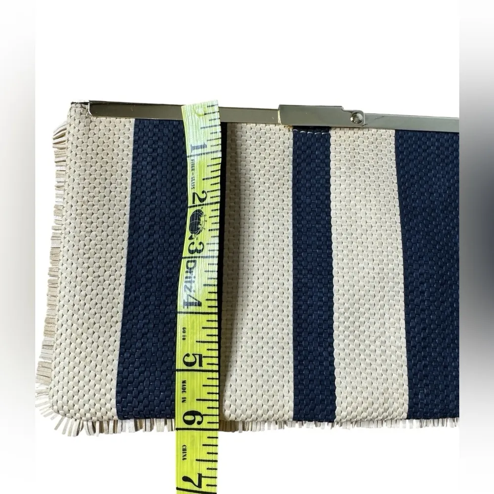 J Crew Womens Faux Leather Woven Fringed Striped Hinge Clutch Handbag Beige Navy - Image 5