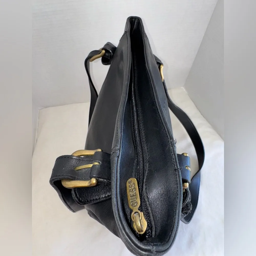 RARE Vintage Guess Genuine Leather Black Leather Bucket Tote Shoulder Bag Purse - Image 11