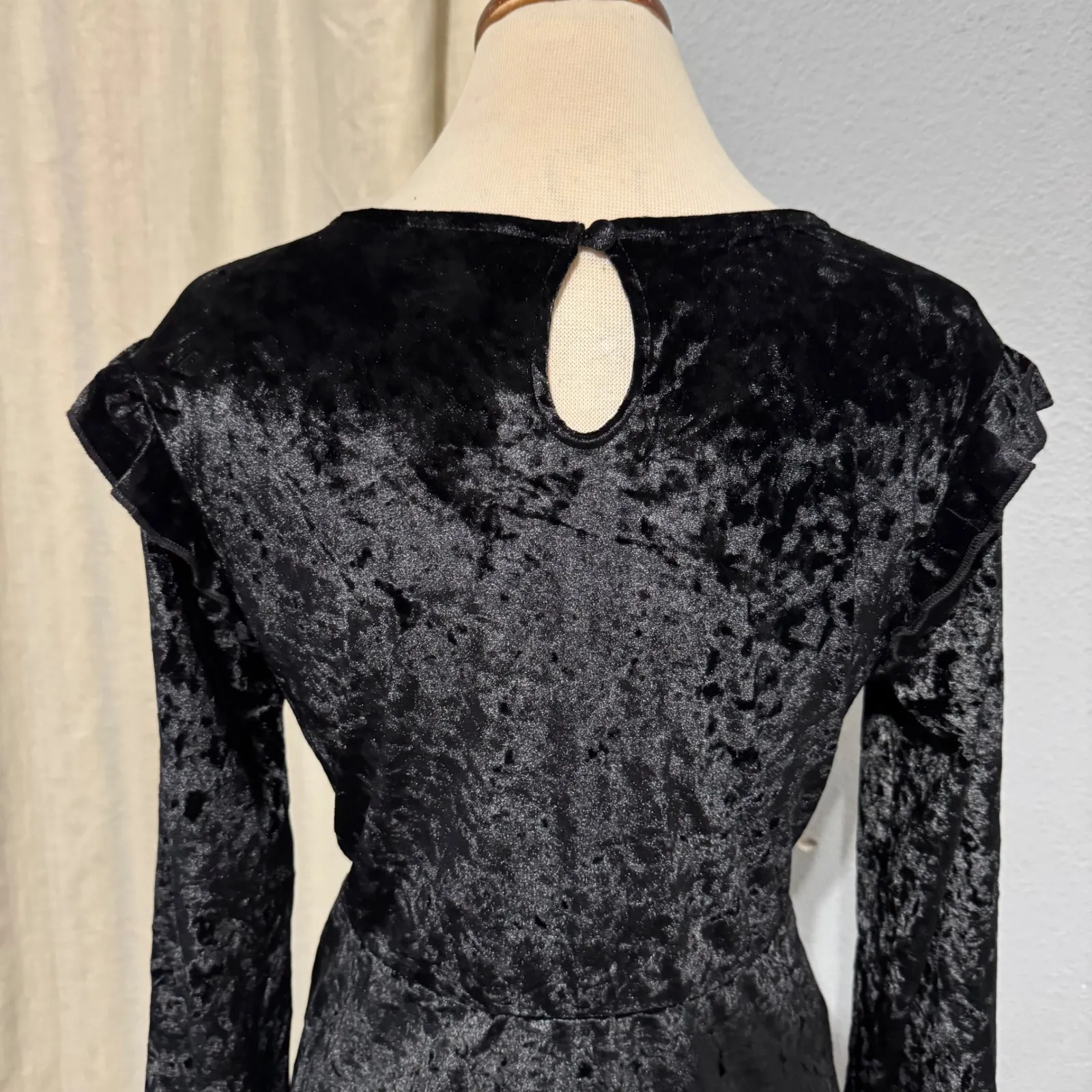 Mossimo Supply Black Velvet Crushed Long Sleeve Ruffle Trim Whimsigoth Dress L Size L - Image 8