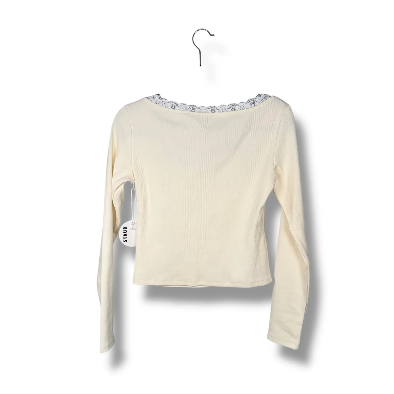 STAUD Paisley Ivory Ribbed Lace Trim Ivory with Bow Square Neck‎ Long Sleeve Top - Image 6