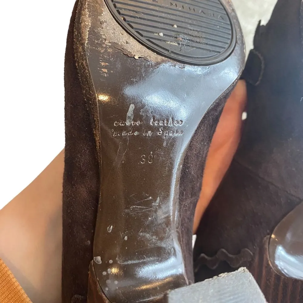 Vintage Chie Mihara‎ Brown Leather Suede Mary Jane Heel Ruffle Trim Size EU 38 - Image 11