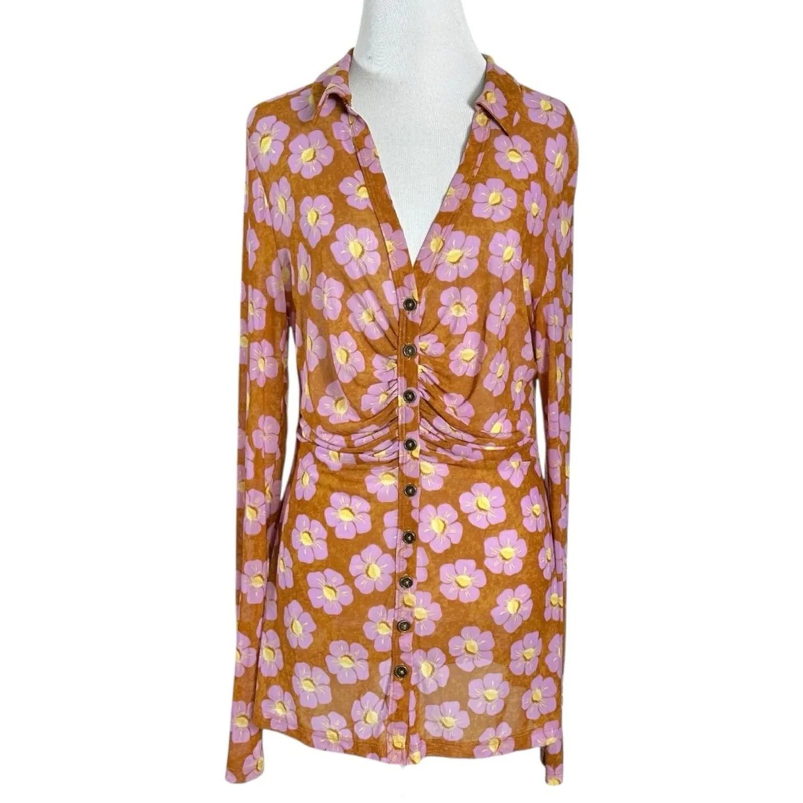 Free People Lucky Shirtee Floral Button Up Shirt Coffee Sheer Mesh 70s XS NWT - Image 5