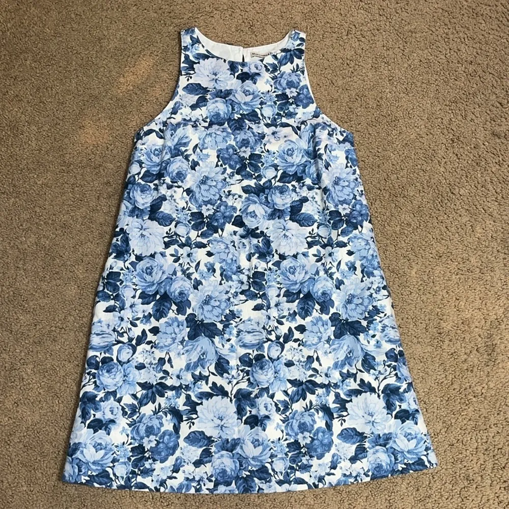 Abercrombie & Fitch High Neck Linen Blend Mini Dress‎ Blue White Floral XXS - Image 4
