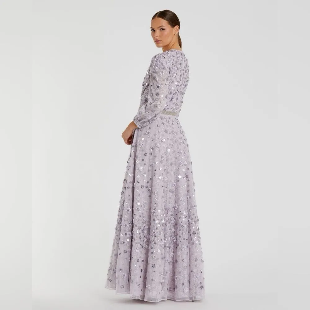 Mac Duggal Purple Floral Applique Puff Sleeve High Neck A - Image 6