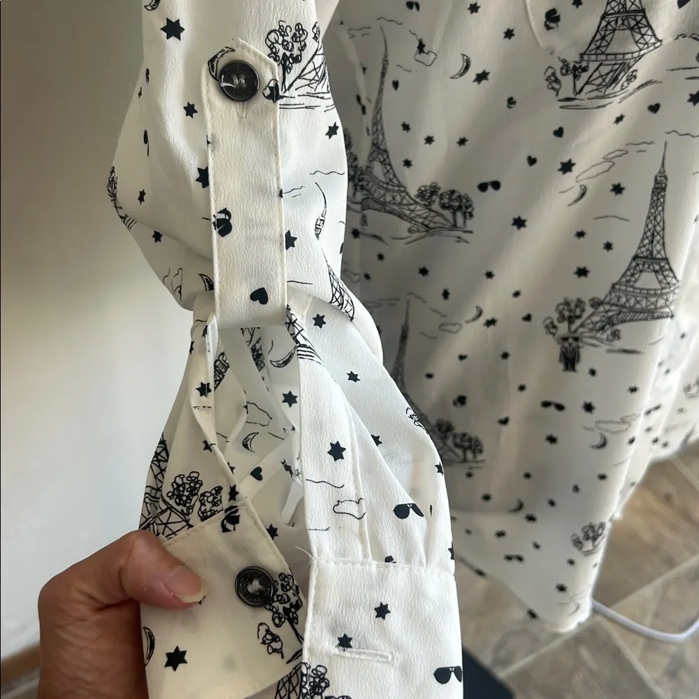 Karl Lagerfeld Button Down White Black Top Size Small - Image 12