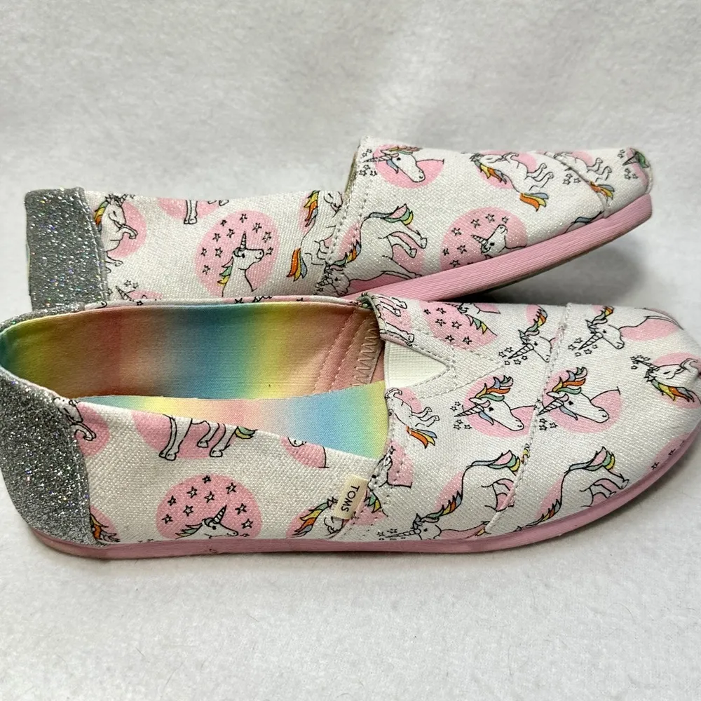 Toms Slip On Shoes 8 Unicorns Rainbows Pink Print Pastel Silver Shimmer Women - Image 10