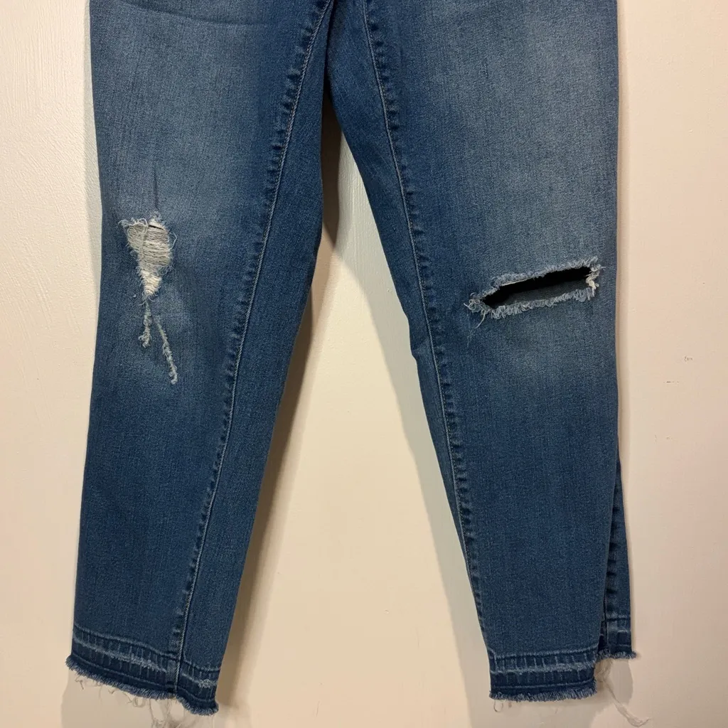 Indigo Blue- Maternity Side Panels Distressed Straight Skinny Leg Overalls- M - Image 5