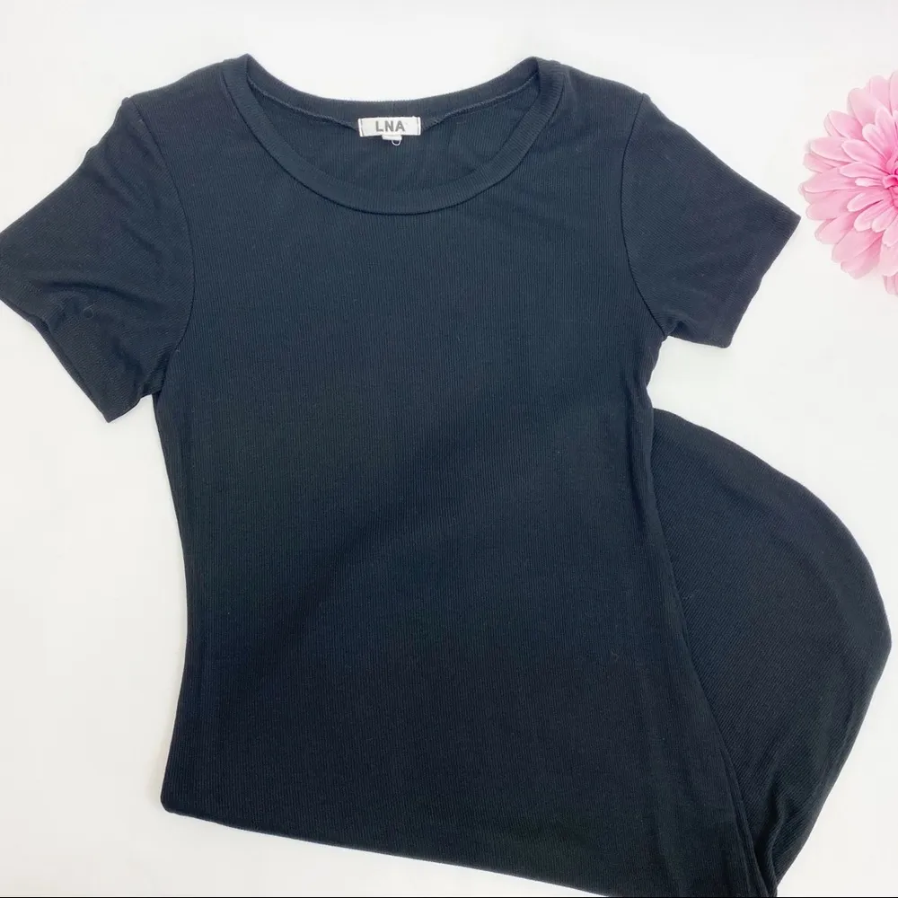 LNA Ribbed Jersey Knit Skinny Bodycon Short Sleeved T-Shirt Dress: Black - Image 3