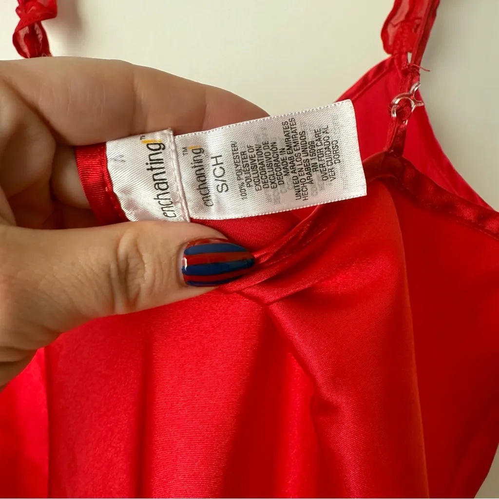 Vintage 00s Y2K Enchanting Red Satin Embroidered Ruffle Slip Dress S - Image 4