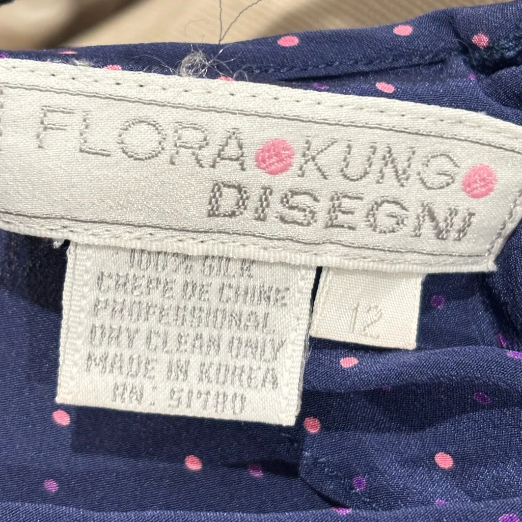 FLORA KUNG Vintage Blue Red Silk L/S Puff Shoulder Blouse & Skirt 4 - Image 6