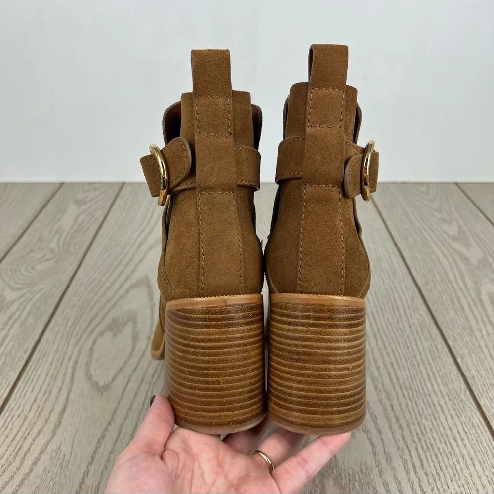 See by Chloé Suede Buckle Ankle Booties 38 Tobacco (Tan) & Goldtone Metal $525 - Image 6
