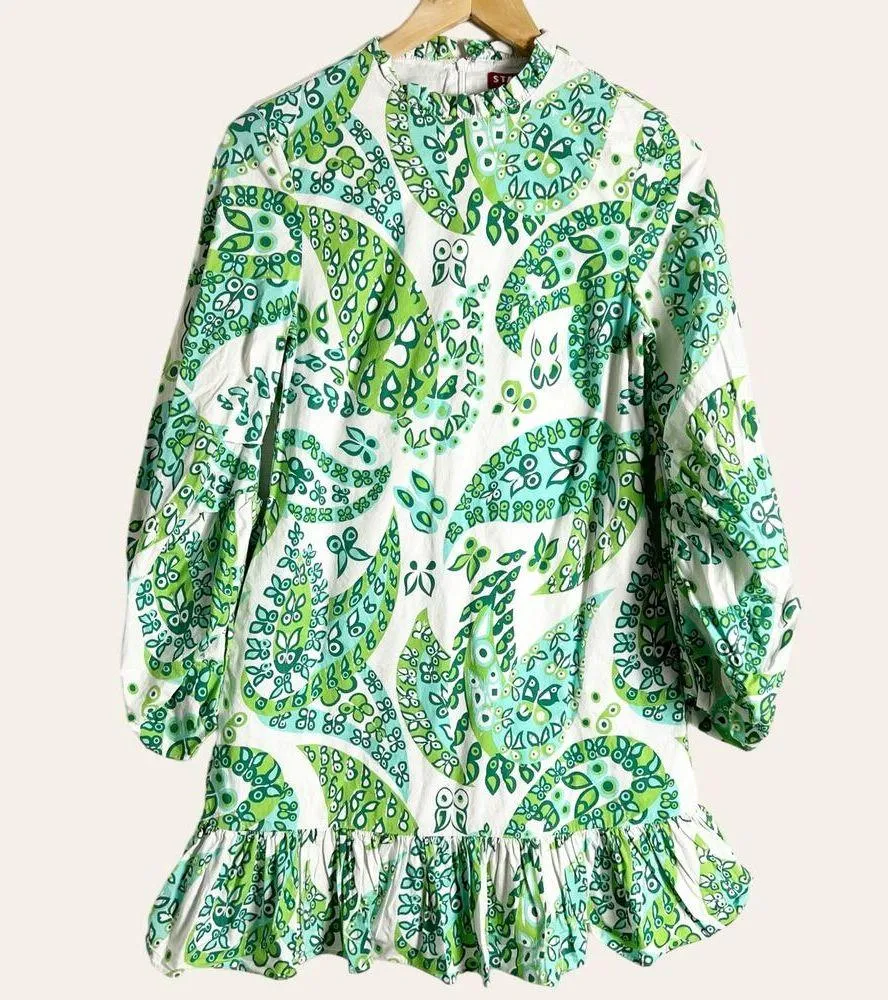 Staud Carolina Puff Sleeve Green White Tropical Floral Mini Dress Size 2 - Image 4