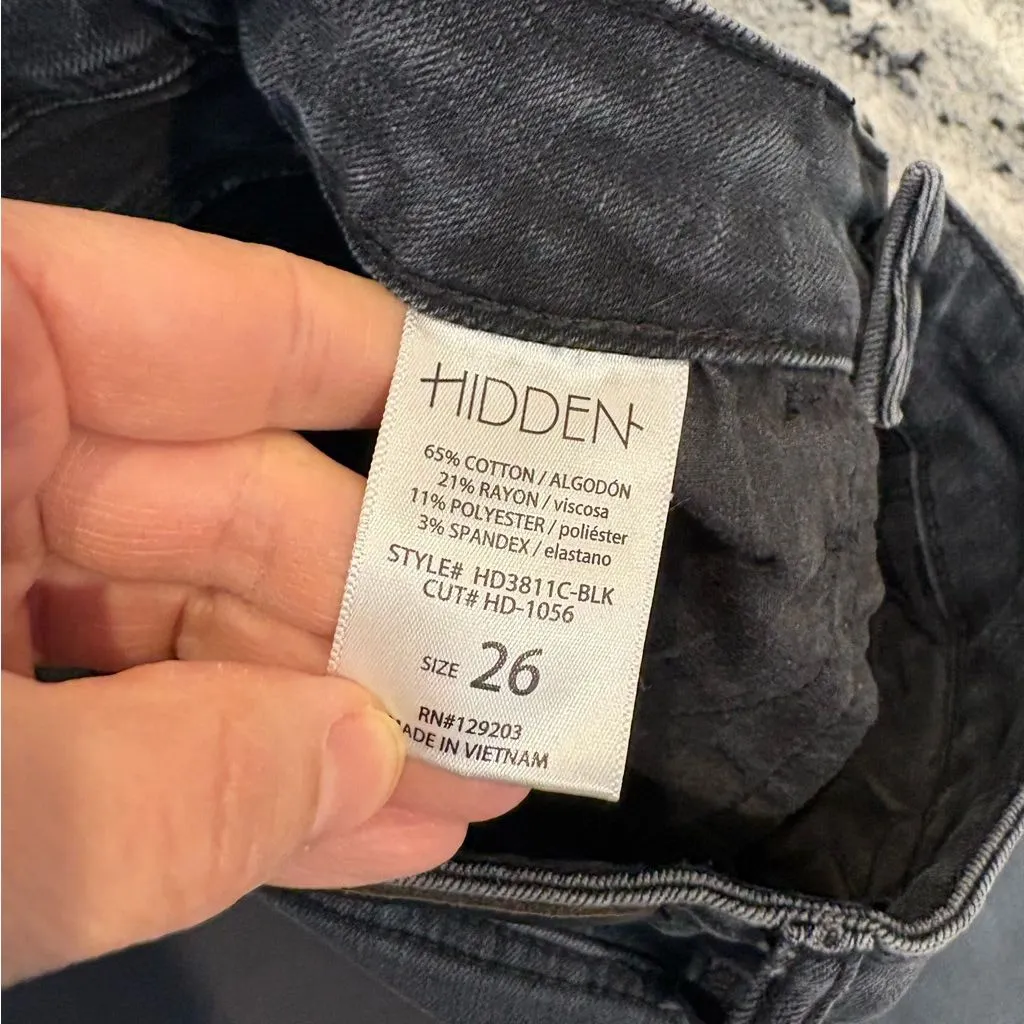 Hidden High Rise Flare Jeans Black Wash Button Fly Size 26 Raw Edge - Image 8