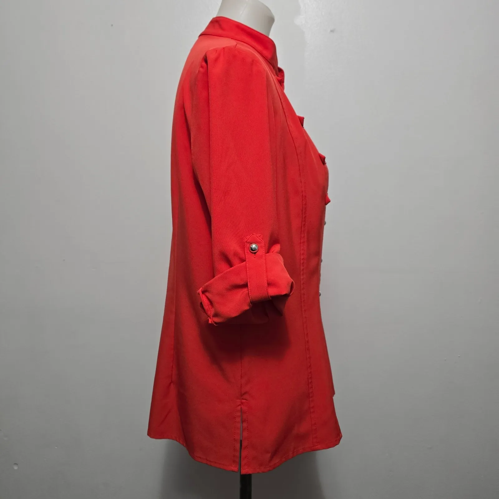 Kathy Che Stretch Red Mandarin Collar Roll Tab Sleeve Button Front Shirt M Size M - Image 4