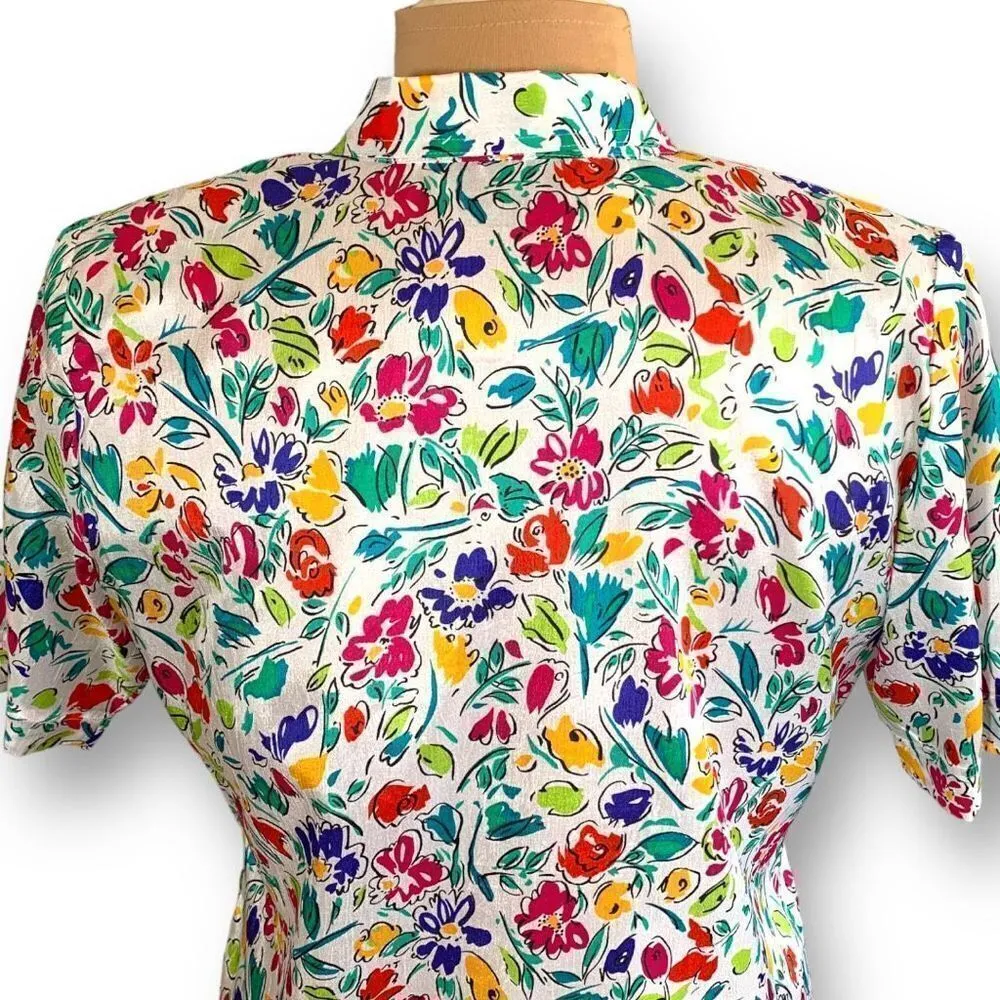 Vintage Notations Petite Shirt White Multicolored Lime Green Flower Button Up Size 12P - Image 6