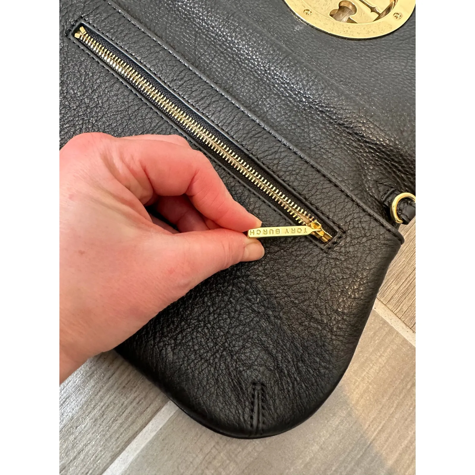 Tory Burch Black Leather Clutch Gold Logo - Image 3