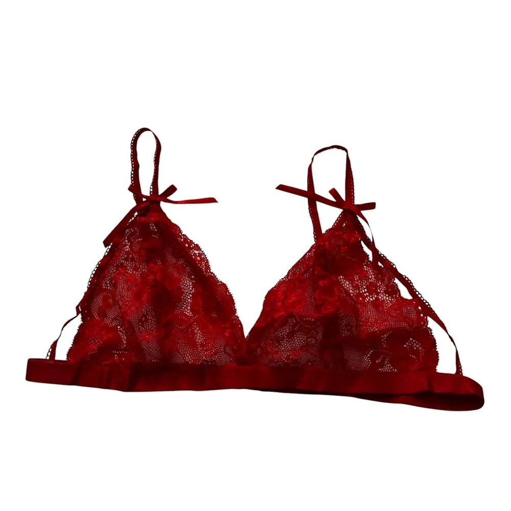 Avid Love Red Lace Floral Unlined, Sheer Lingerie Bralette Women  Large | 54-22 - Image 3