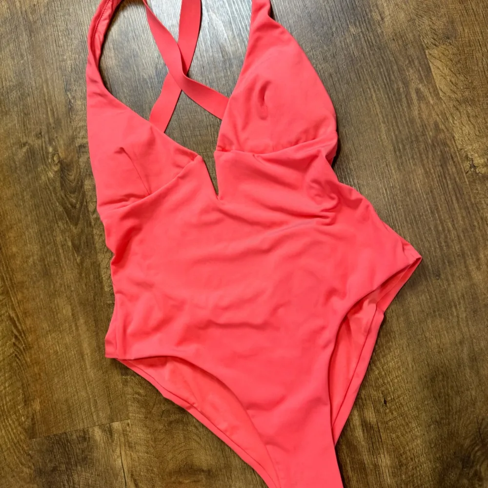 NWT ZARA Cross Strap One Piece Swimsuit Sz Medium Orange Pink Deep Vneck - Image 7