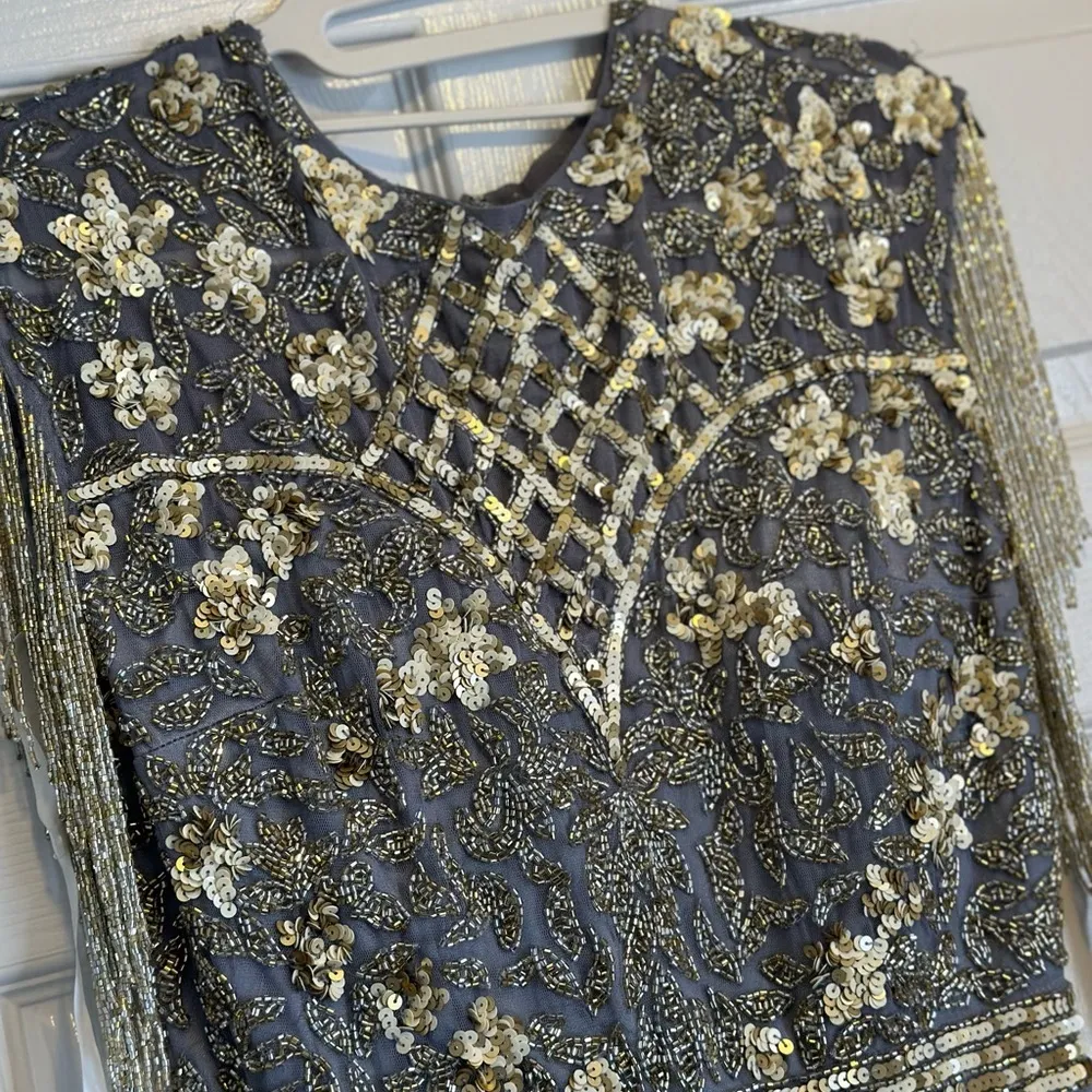 MAC DUGGAL EMBELLISHED BEADED SEQUINED FRINGE CAP SLEEVE GOWN SZ 8 Platinum Gold - Image 9