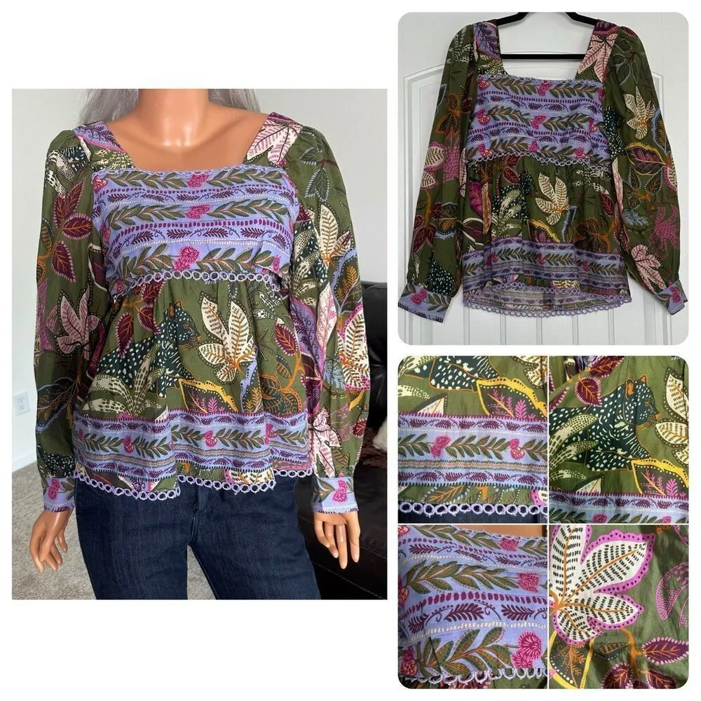 Farm Rio Blouse Top XS Green Jungle Fairy Boho Botanical Tropical Praire Resort - Image 2
