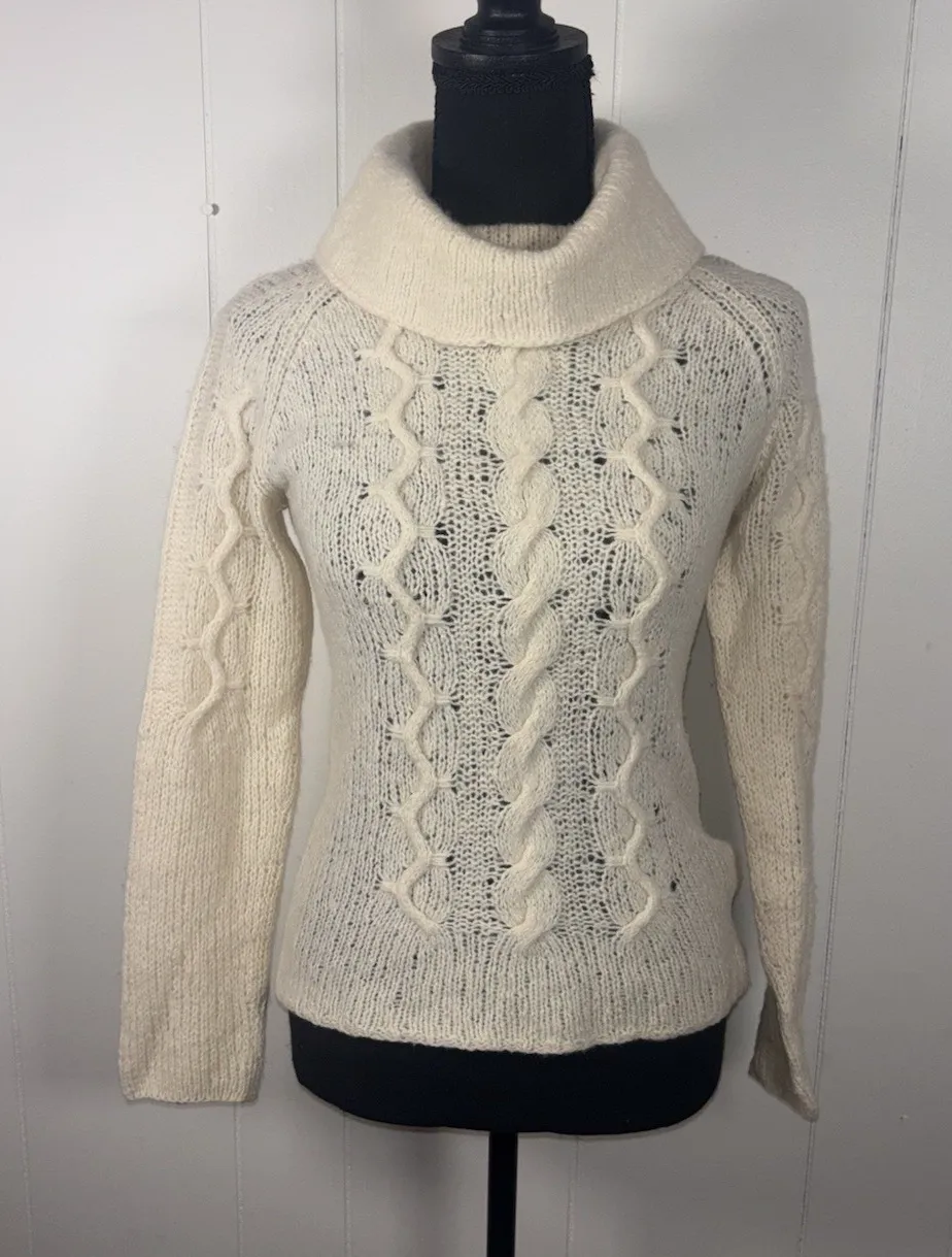 j crew black tag wool cable knit turtleneck sweater beige loose knit med Tan - Image 1