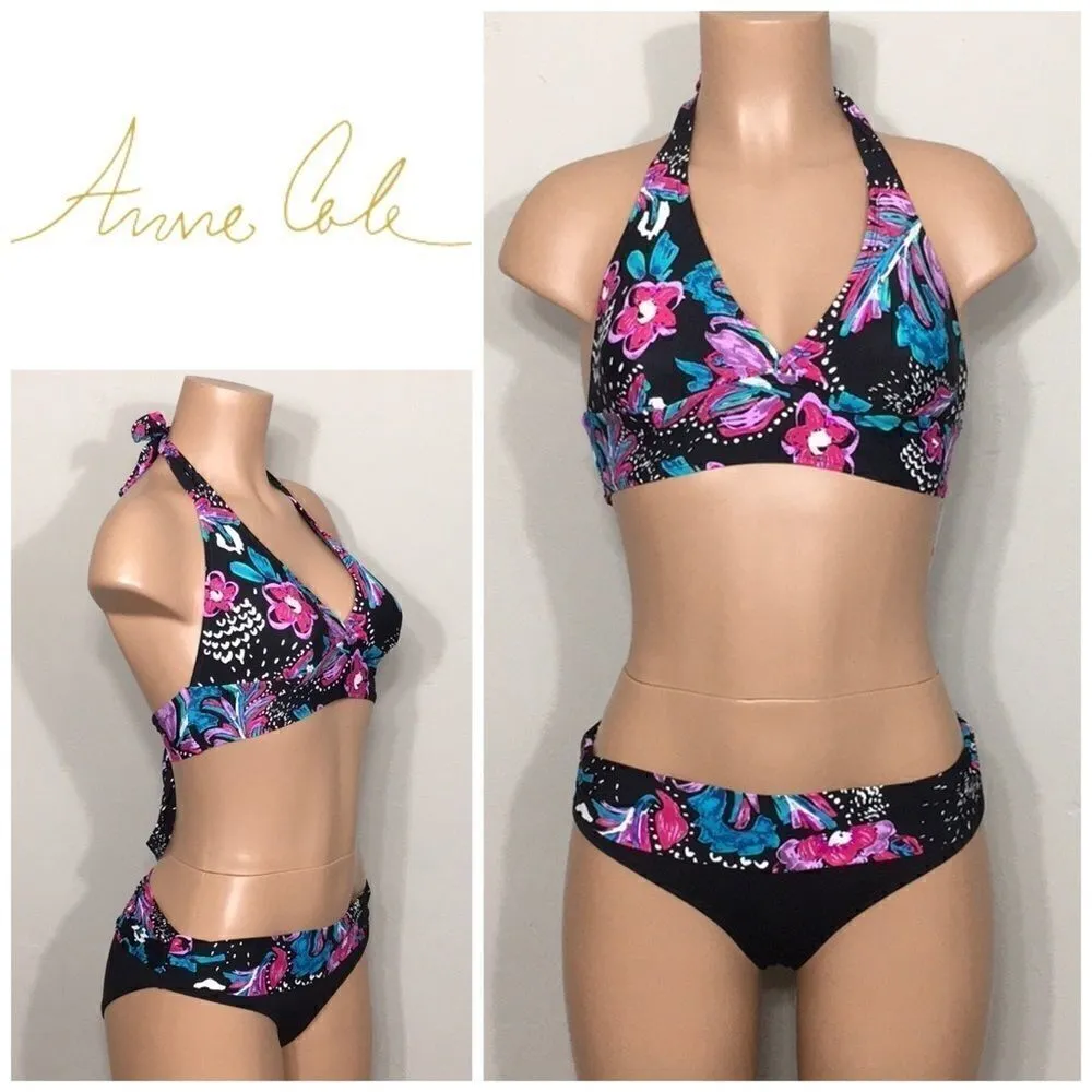 Anne Cole black floral bikini. L-top/M-bottom. NWT - Image 2