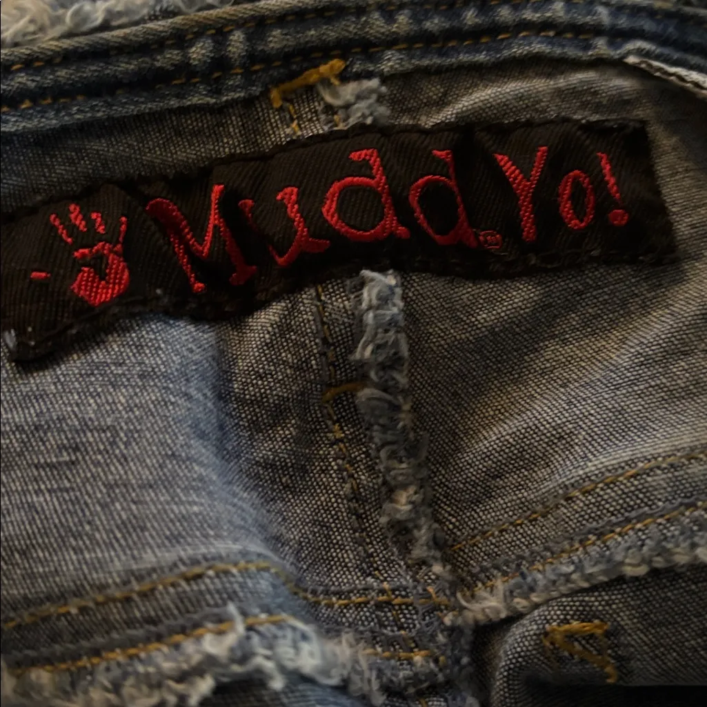 Vintage Y2K Mudd Jeans Sz 13JR Frayed Seam/Patchwork Lowrise Flare Hem Blue - Image 10