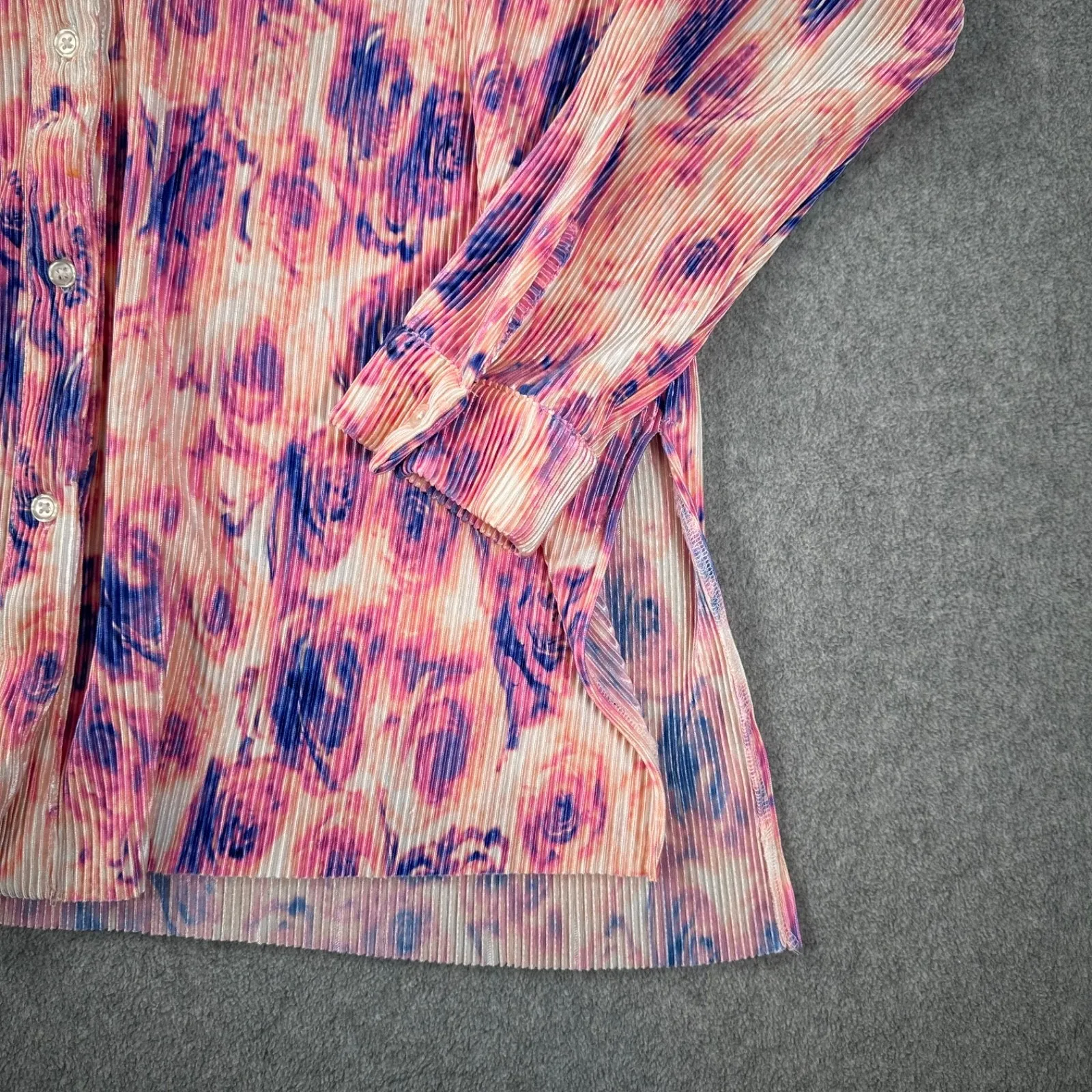 Bar III Printed Plisse Button Down Blouse Top Plus Size 1X Pink Purple Collared - Image 2